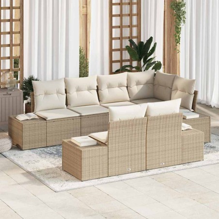 vidaXL Set Divano da Giardino 7 Pezzi con Cuscini Beige in Rattan Sintetico