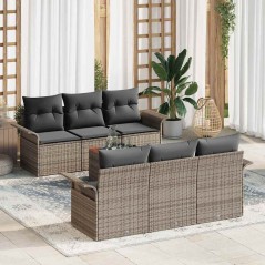 vidaXL Set da giardino di 7 pezzi con cuscini grigi in polirattan e legno di acacia