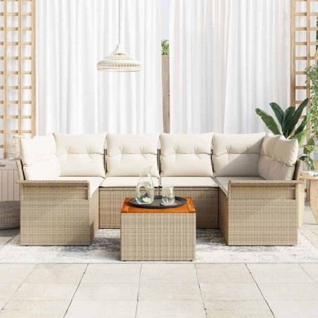 vidaXL Set da Giardino 7 Pezzi con Cuscini Beige in Rattan Sintetico e Acacia