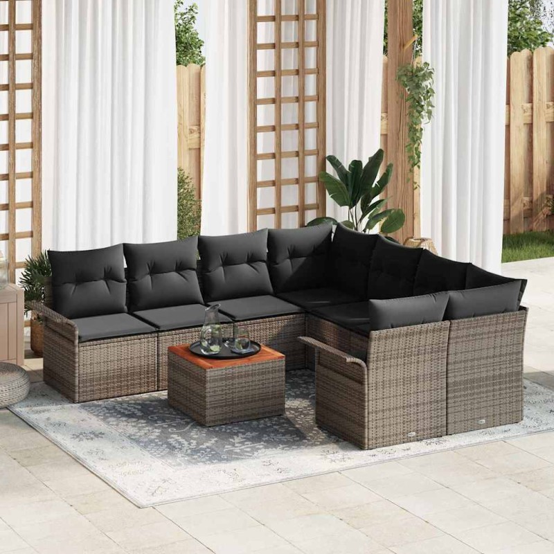 Set di Divani da Giardino vidaXL 9 Pezzi con Cuscini Grigio Polyrattan Acacia Set di Divani da Giardino vidaXL 9 Pezzi con Cuscini Grigio Polyrattan Acacia