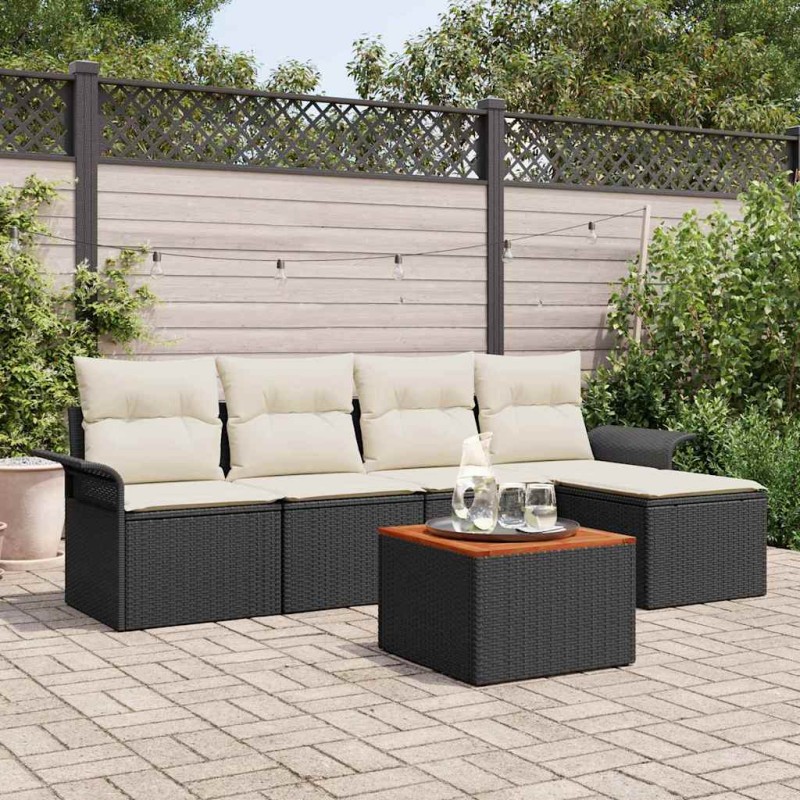 vidaXL Set giardino 6 pezzi con cuscini, rattan nero, legno di acacia. vidaXL Set giardino 6 pezzi con cuscini, rattan nero, legno di acacia.