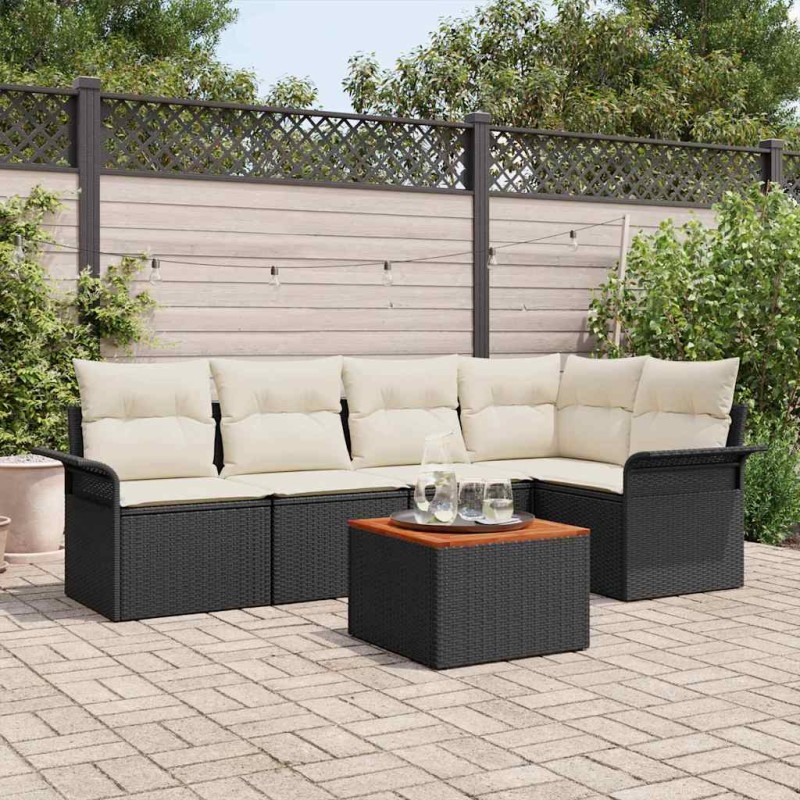 vidaXL Set di Divani da Giardino in 6 Pezzi con Cuscini in Rattan Plastico Nero e Legno di Acacia vidaXL Set di Divani da Giardino in 6 Pezzi con Cuscini in Rattan Plastico Nero e Legno di Acacia