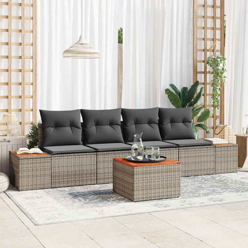 vidaXL Set da giardino di divani 5 pezzi con cuscini grigi in rattan sintetico e acacia vidaXL Set da giardino di divani 5 pezzi con cuscini grigi in rattan sintetico e acacia