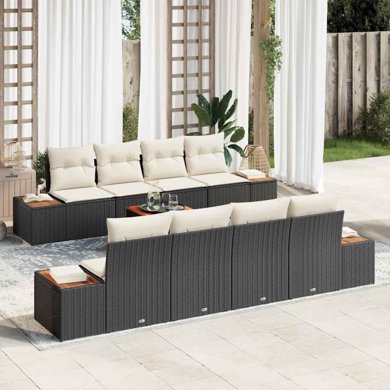vidaXL Set Divano da Giardino 9 Pezzi con Cuscini in Rattan e Poliestere Neri e Acacia. vidaXL Set Divano da Giardino 9 Pezzi con Cuscini in Rattan e Poliestere Neri e Acacia.