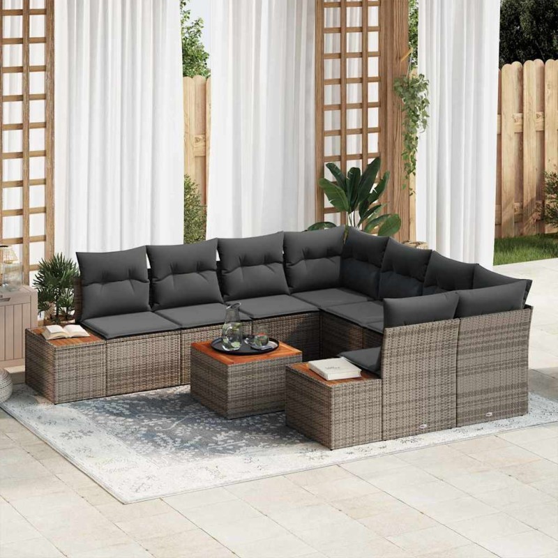 vidaXL Set da giardino 9 pezzi con cuscini grigi in rattan sintetico e acacia vidaXL Set da giardino 9 pezzi con cuscini grigi in rattan sintetico e acacia