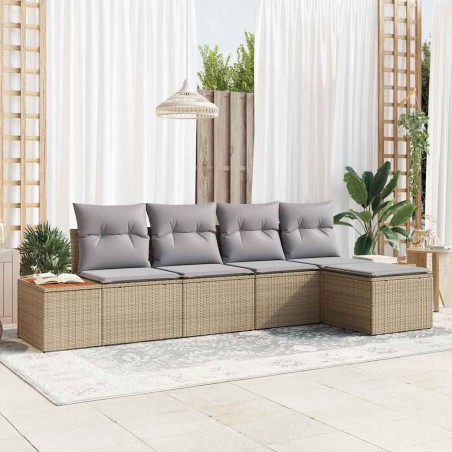 vidaXL Set di divani da giardino con cuscini beige in rattan sintetico e acacia, 5 pezzi