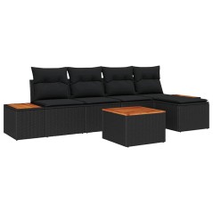 vidaXL Set di divano da giardino 6 pezzi con cuscini in rattan nero e acacia.