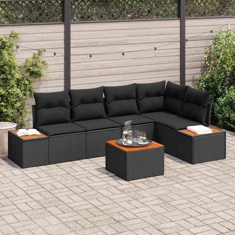 vidaXL Set di divani da giardino a 6 pezzi con cuscini in rattan sintetico nero e legno di acacia vidaXL Set di divani da giardino a 6 pezzi con cuscini in rattan sintetico nero e legno di acacia