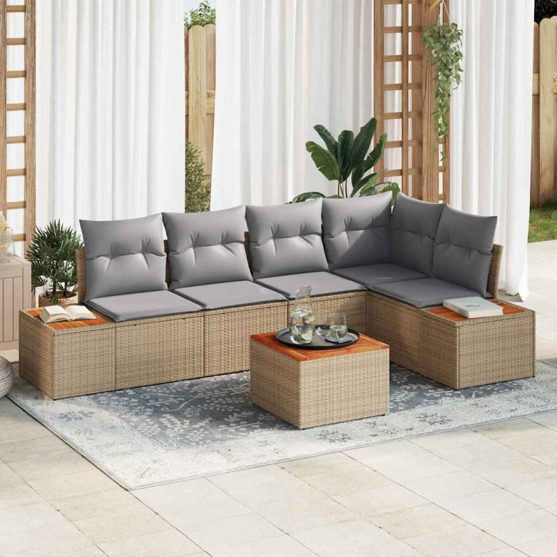 vidaXL Set da giardino di 6 pezzi di , con cuscini in rattan polipropilene beige e acacia. vidaXL Set da giardino di 6 pezzi di , con cuscini in rattan polipropilene beige e acacia.