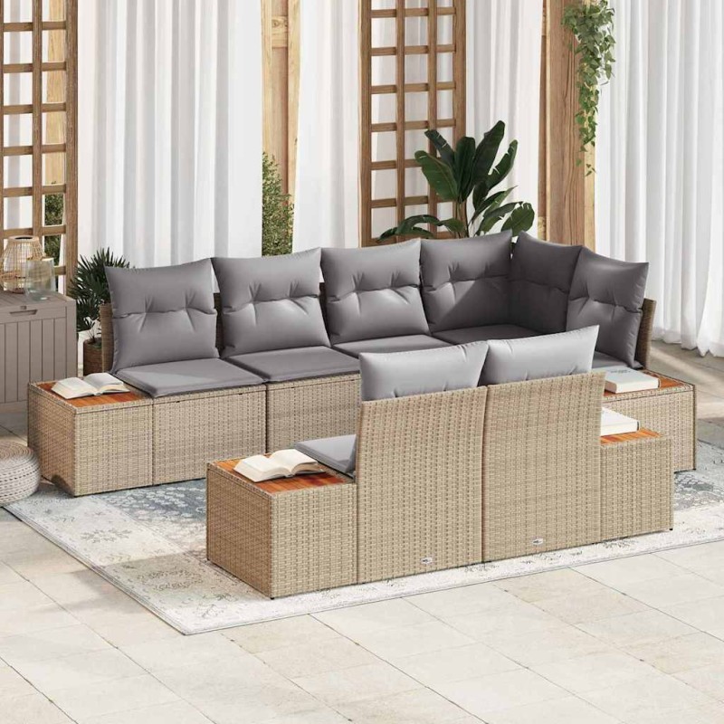 vidaXL Set Divano da Giardino 7 Pezzi con Cuscini in Rattan Sintetico Beige e Acacia vidaXL Set Divano da Giardino 7 Pezzi con Cuscini in Rattan Sintetico Beige e Acacia