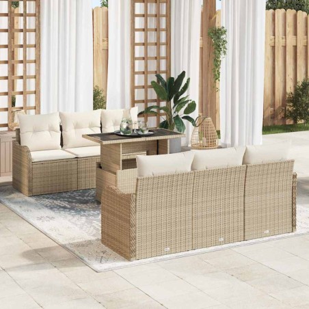 vidaXL Set di divani da giardino 7 pezzi con cuscini beige in poli rattan
