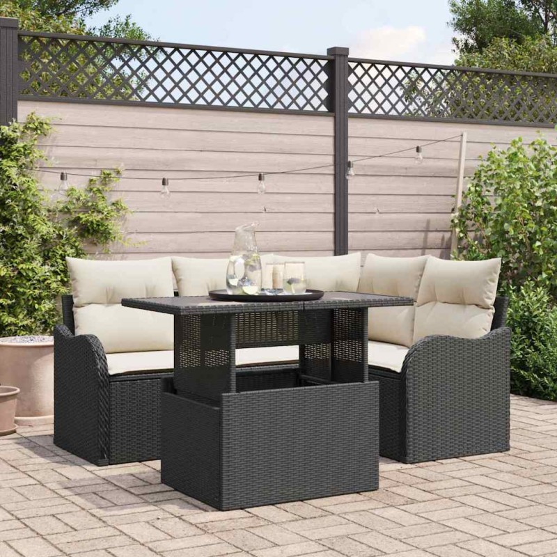 vidaXL Set di divani da giardino da 5 pezzi con cuscini in polirattan nero vidaXL Set di divani da giardino da 5 pezzi con cuscini in polirattan nero