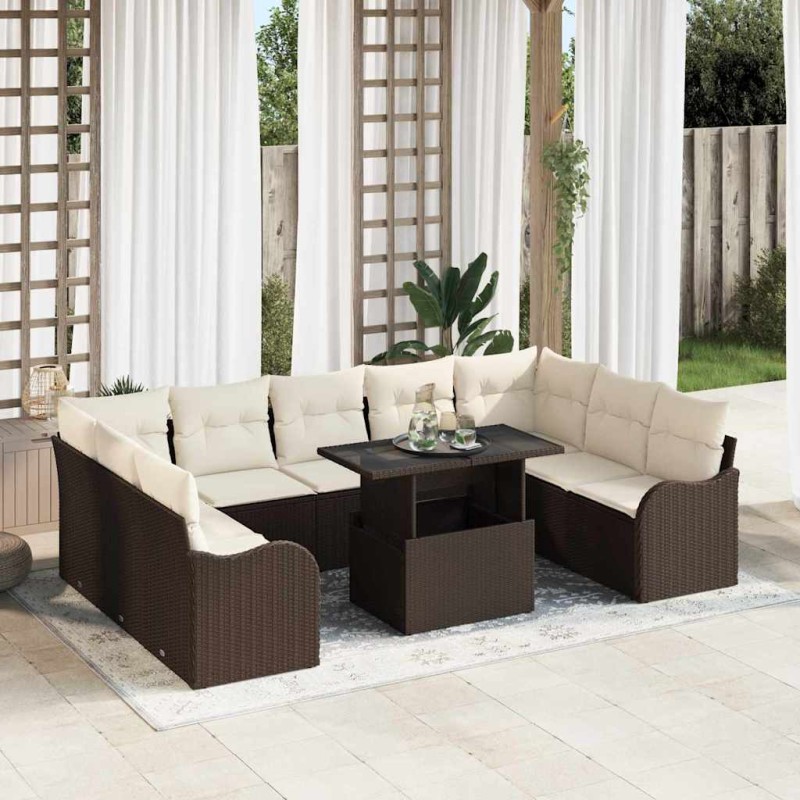 vidaXL Set di divani da giardino 10 pezzi con cuscini in polyrattan marrone