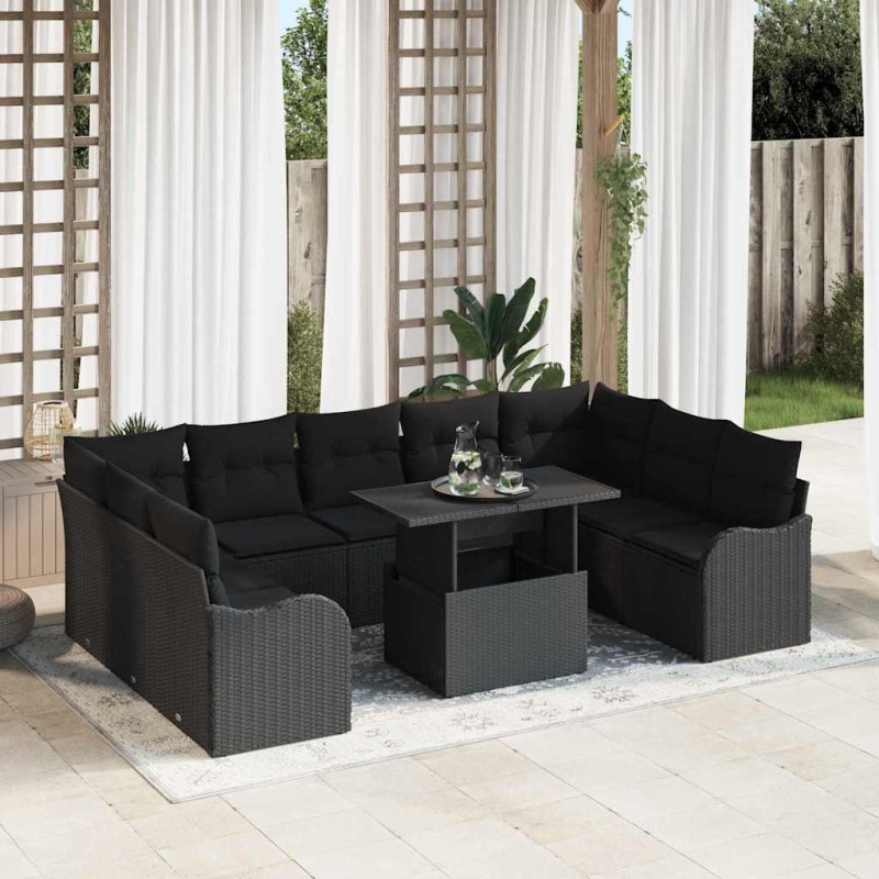 vidaXL Set giardino 10 pezzi con cuscini in rattan sintetico nero