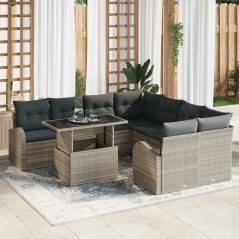 vidaXL Set Divano da Giardino a 9 Pezzi con Cuscini Grigio Chiaro in Rattan Sintetico