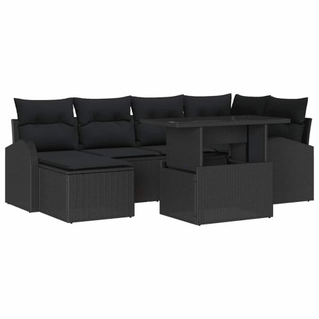 vidaXL Set da Giardino con Divano a 7 Pezzi e Cuscini Neri in Rattan