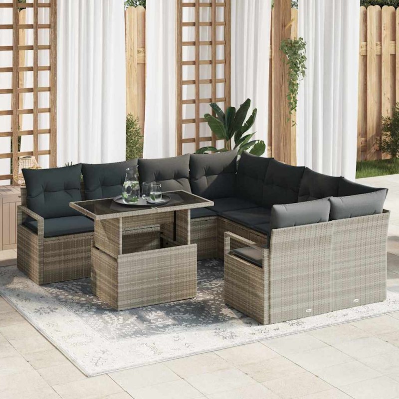 vidaXL Set Divano da Giardino con Cuscini - 9 Pezzi in Polyrattan Grigio Chiaro vidaXL Set Divano da Giardino con Cuscini - 9 Pezzi in Polyrattan Grigio Chiaro