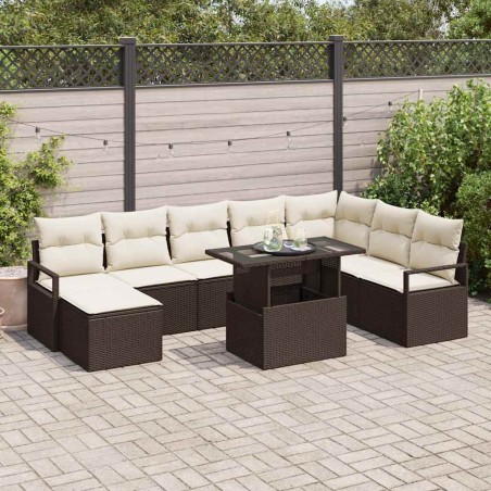vidaXL Set di divani da giardino 9 pezzi con cuscini in rattan poliestere marrone