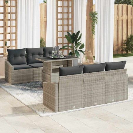 vidaXL Set di divani da giardino 7 pezzi grigio chiaro con cuscini in polirattan.
