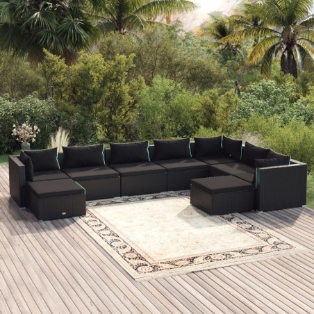 Set Divani da Giardino 9 pz con Cuscini in Polyrattan Nero