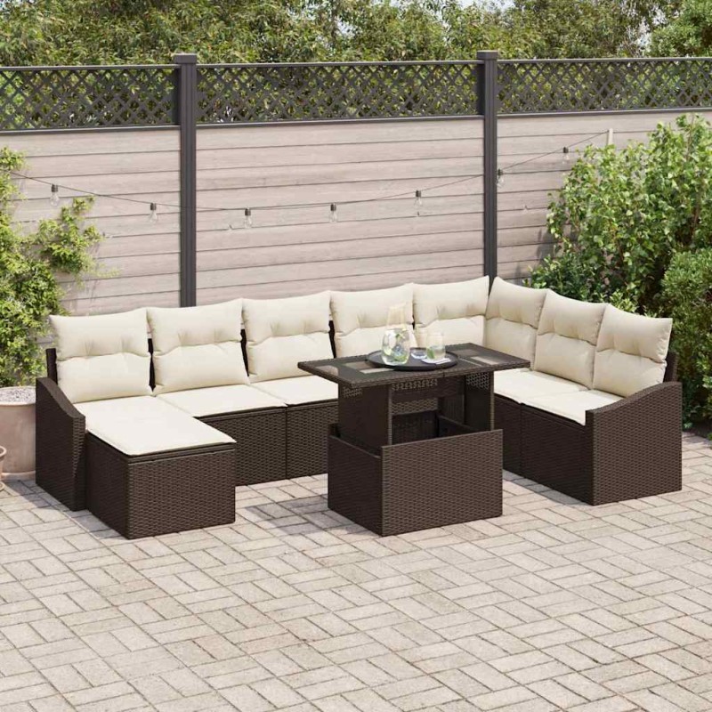 vidaXL Set di divani da giardino , 9 pezzi con cuscini marroni in rattan sintetico. vidaXL Set di divani da giardino , 9 pezzi con cuscini marroni in rattan sintetico.