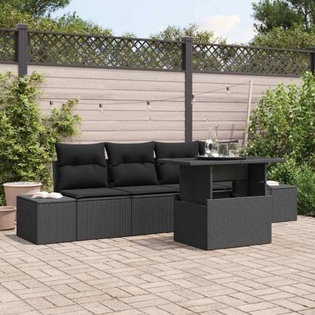 vidaXL Set Divano da Giardino 5 Pezzi con Cuscini Nero in Polyrattan