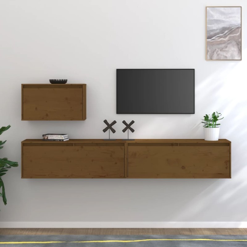 Mobili Porta TV 3 pz Miele in Legno Massello di Pino Mobili Porta TV 3 pz Miele in Legno Massello di Pino