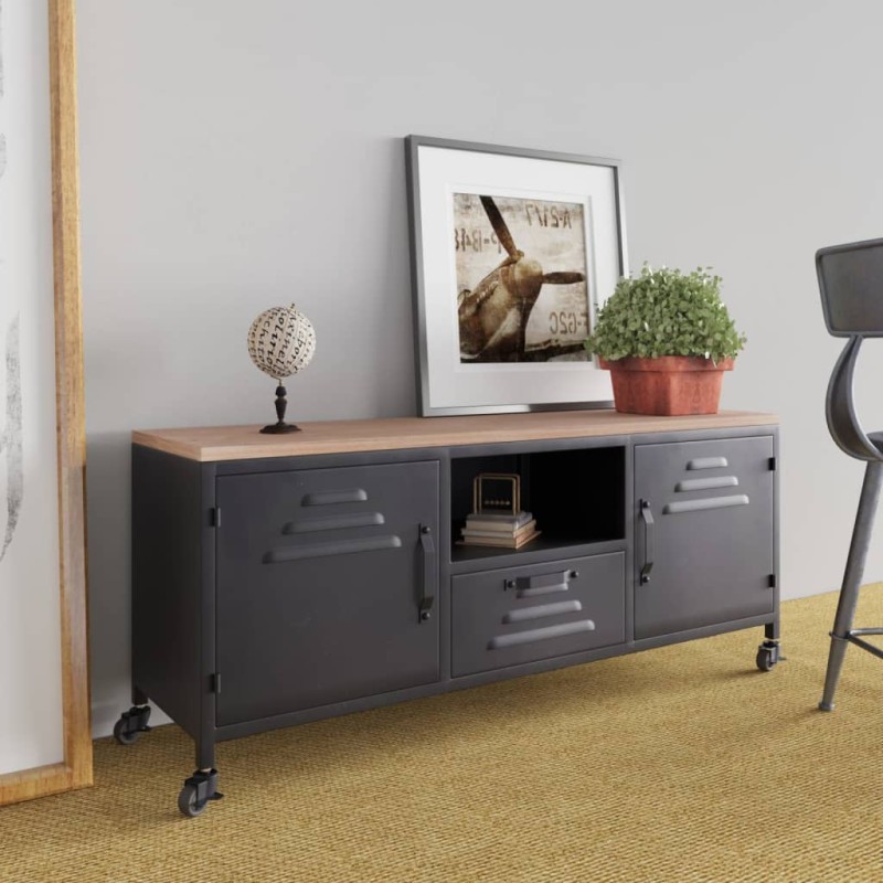 Mobile TV Nero 110x30x43 cm in Ferro e Legno Massello di Abete