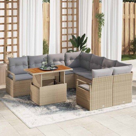 vidaXL Set giardino 9 pezzi con cuscini beige in rattan sintetico.