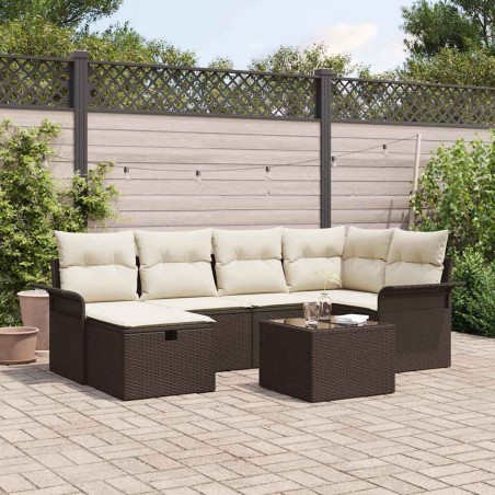 vidaXL Set di divano da giardino 7 pezzi con cuscini marroni in poly rattan