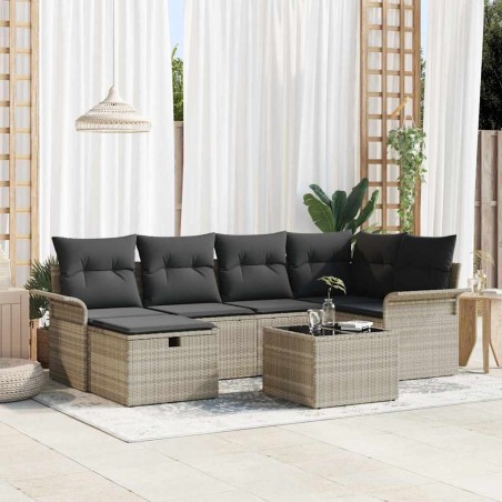 vidaXL Set di divani da giardino a 7 pezzi con cuscini grigio chiaro in rattan