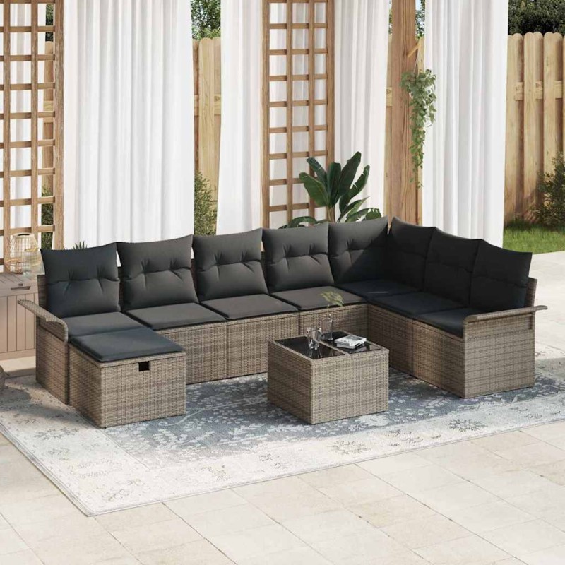vidaXL Set Divano da Giardino 9 Pezzi con Cuscini Grigi in Polyrattan vidaXL Set Divano da Giardino 9 Pezzi con Cuscini Grigi in Polyrattan