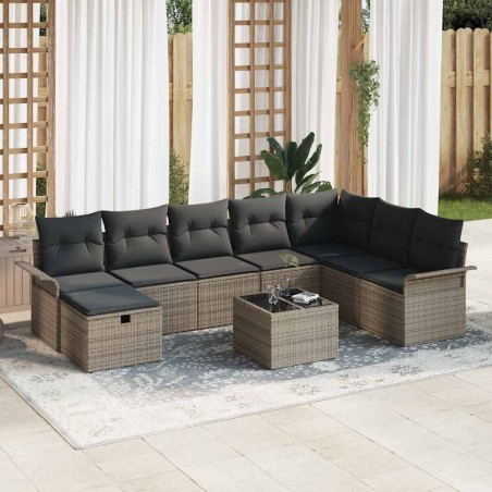 vidaXL Set Divano da Giardino 9 Pezzi con Cuscini Grigi in Polyrattan