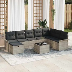 vidaXL Set da giardino di divano 9 pezzi con cuscini in grigio chiaro poly rattan