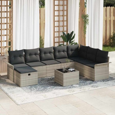 vidaXL Set da giardino di divano 9 pezzi con cuscini in grigio chiaro poly rattan