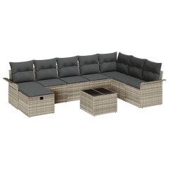 vidaXL Set da giardino di divano 9 pezzi con cuscini in grigio chiaro poly rattan