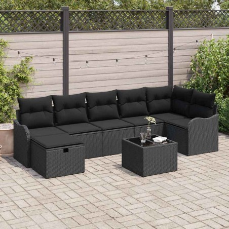 vidaXL Set da divano da giardino a 8 pezzi con cuscini neri in polirattana di