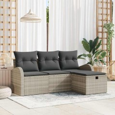 vidaXL Set di Divano da Giardino a 4 Pezzi con Cuscini Grigio Chiaro in Polyrattan