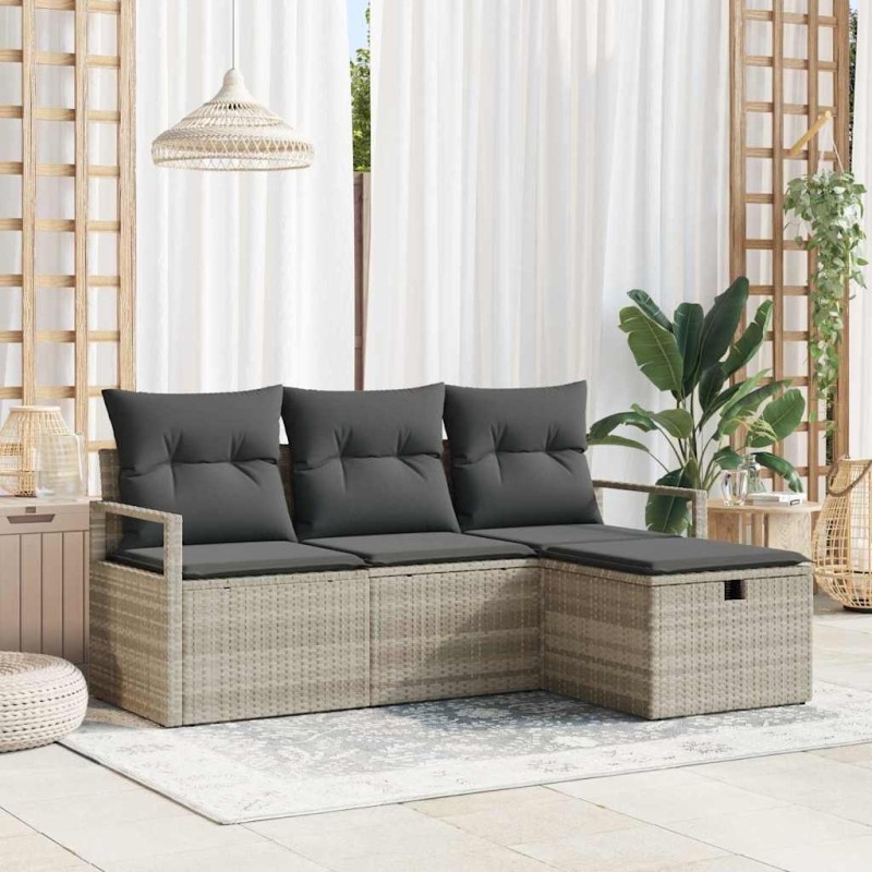 vidaXL Set di divani da giardino 4 pezzi con cuscini grigio chiaro in polirattan vidaXL Set di divani da giardino 4 pezzi con cuscini grigio chiaro in polirattan