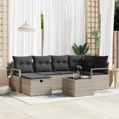 vidaXL Set di divani da giardino da 7 pezzi con cuscini grigio chiaro in rattan polimerico.