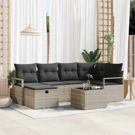 vidaXL Set di divani da giardino da 7 pezzi con cuscini grigio chiaro in rattan polimerico.