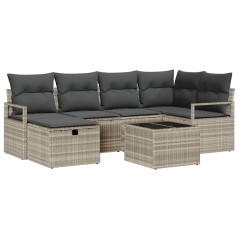 vidaXL Set di divani da giardino da 7 pezzi con cuscini grigio chiaro in rattan polimerico.