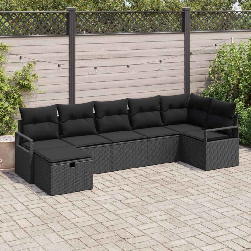 vidaXL Set di divani da giardino in 7 pezzi con cuscini neri in polirattan