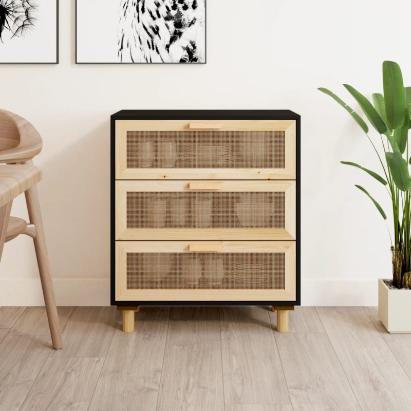 Credenza Nera 60x30x70 cm Legno Massello Pino e Rattan Naturale Credenza Nera 60x30x70 cm Legno Massello Pino e Rattan Naturale