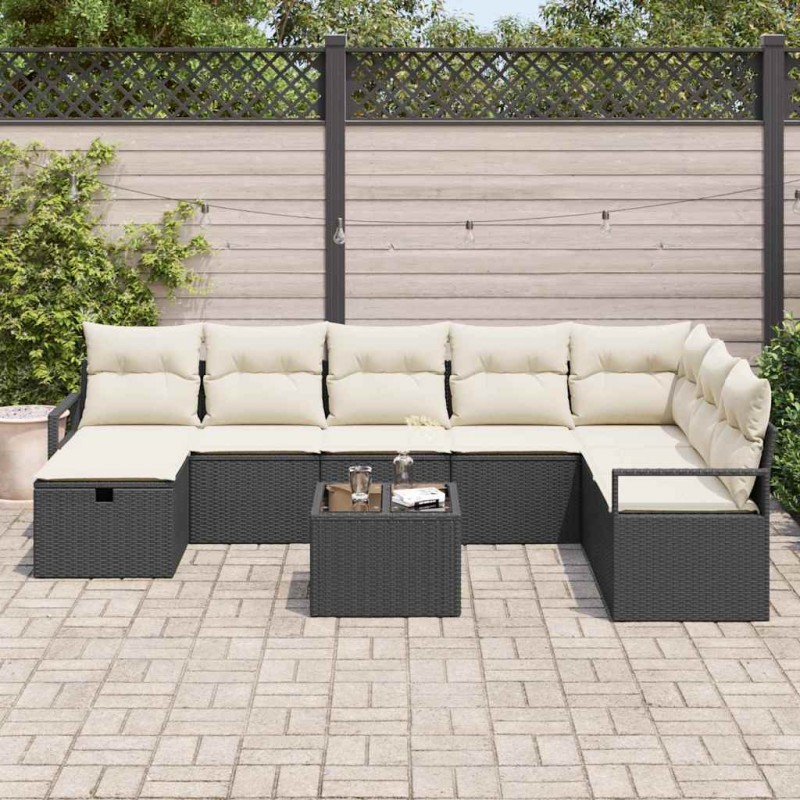 vidaXL Set di Divano da Giardino da 9 Pezzi con Cuscini Neri in Rattan Polietilene
