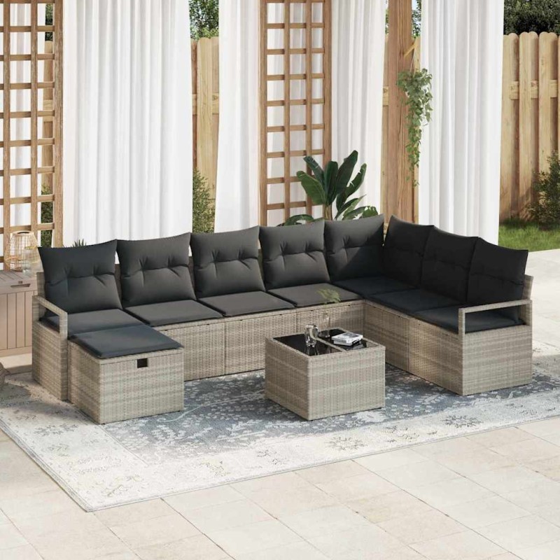 vidaXL Set Divano da Giardino a 9 Pezzi con Cuscini Grigio Chiaro in Rattan Sintetico