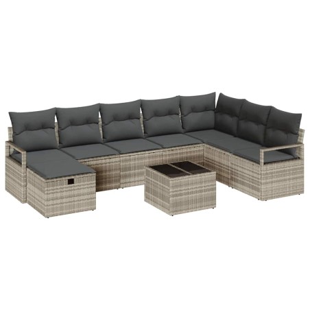 vidaXL Set Divano da Giardino a 9 Pezzi con Cuscini Grigio Chiaro in Rattan Sintetico