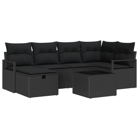 vidaXL Set di divano da giardino 7 pezzi con cuscini neri in polirattan