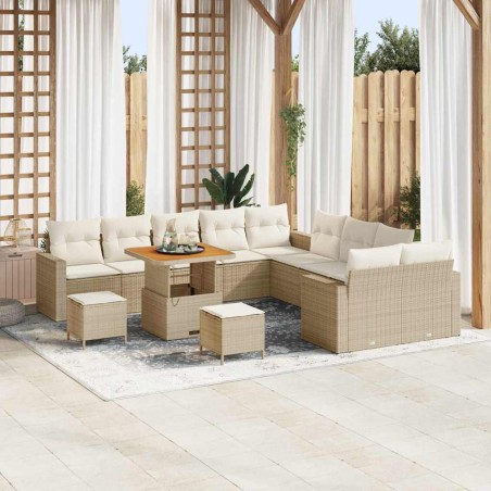 vidaXL Set di divano da giardino di 13 pezzi con cuscini beige in poly rattan e legno di acacia.