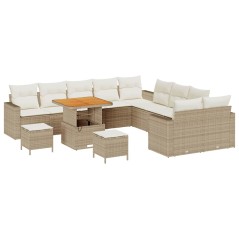 vidaXL Set di divano da giardino di 13 pezzi con cuscini beige in poly rattan e legno di acacia.